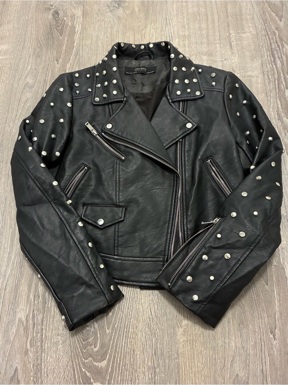 ZARA Studded Faux leather biker black jacket with skull decal women’s Medium - Picture 9 of 16